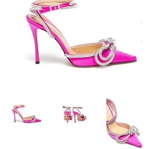 Double Crystal Bow Hot Pink Satin Pumps(Fit: Runs small)